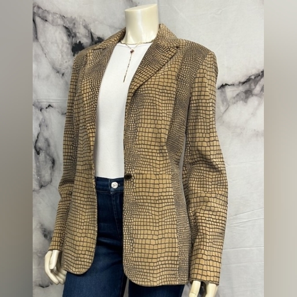 Vakko Sport  Leather Blazer Jacket Animal Print Front Button size 8 Tan & Grey - Picture 5 of 5